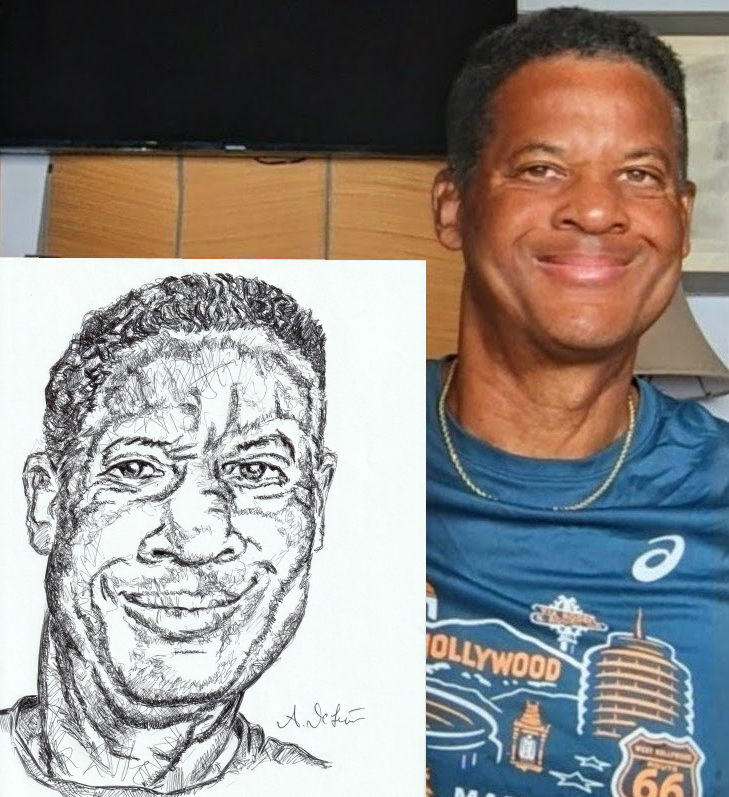 Alex DeLeón holding a hand-drawn ballpoint pen self portrait