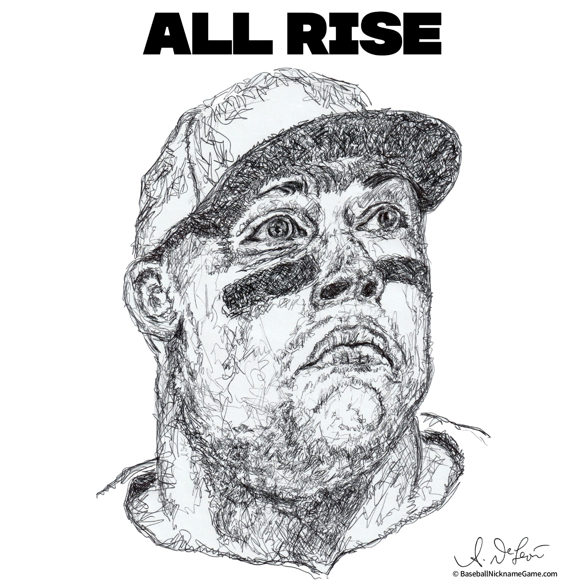 Ball point pen scribble art portrait of Aaron Judge, MLB baseball player, drawn by hand