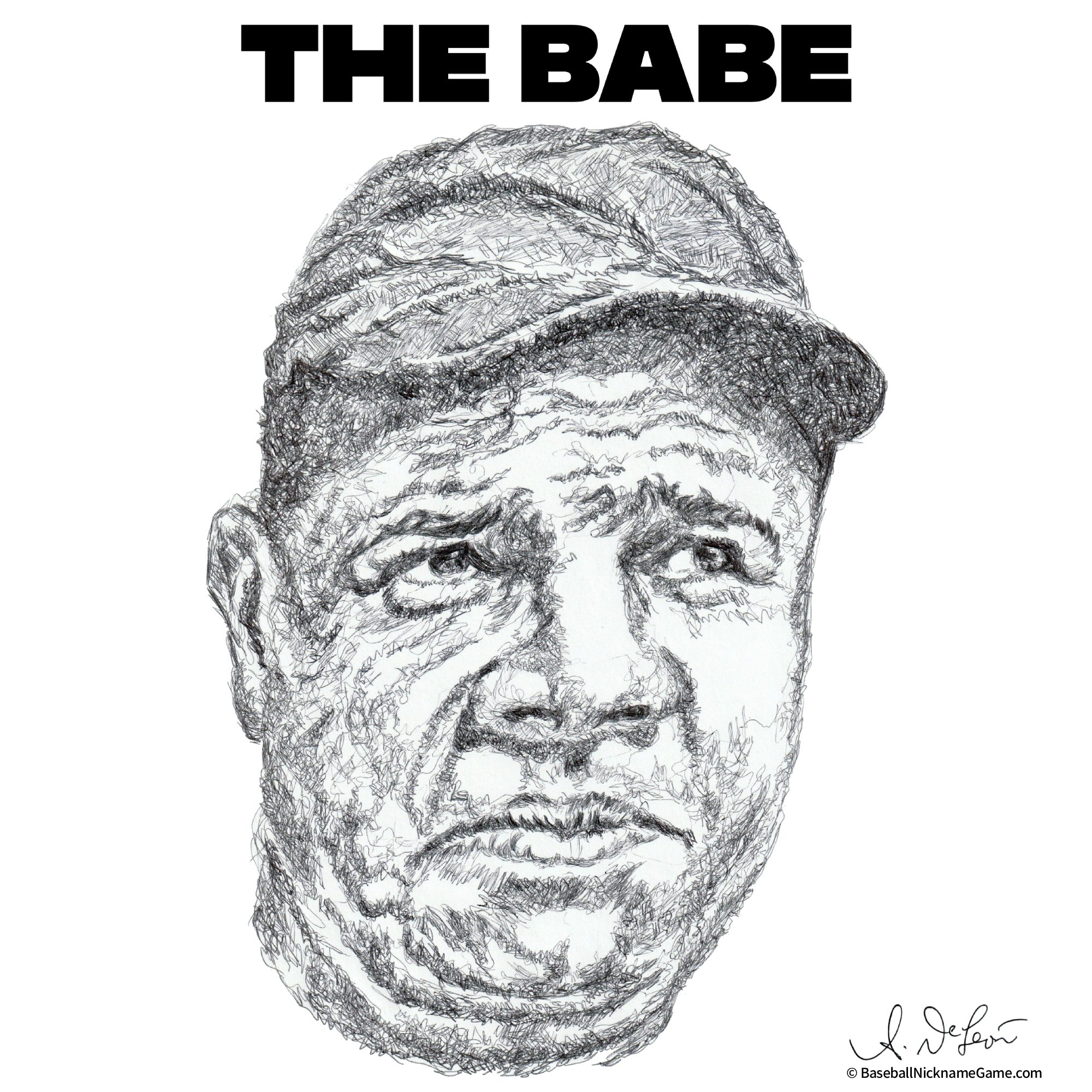 Hand-drawn ballpoint pen portrait of Babe Ruth, known as 'The Babe'