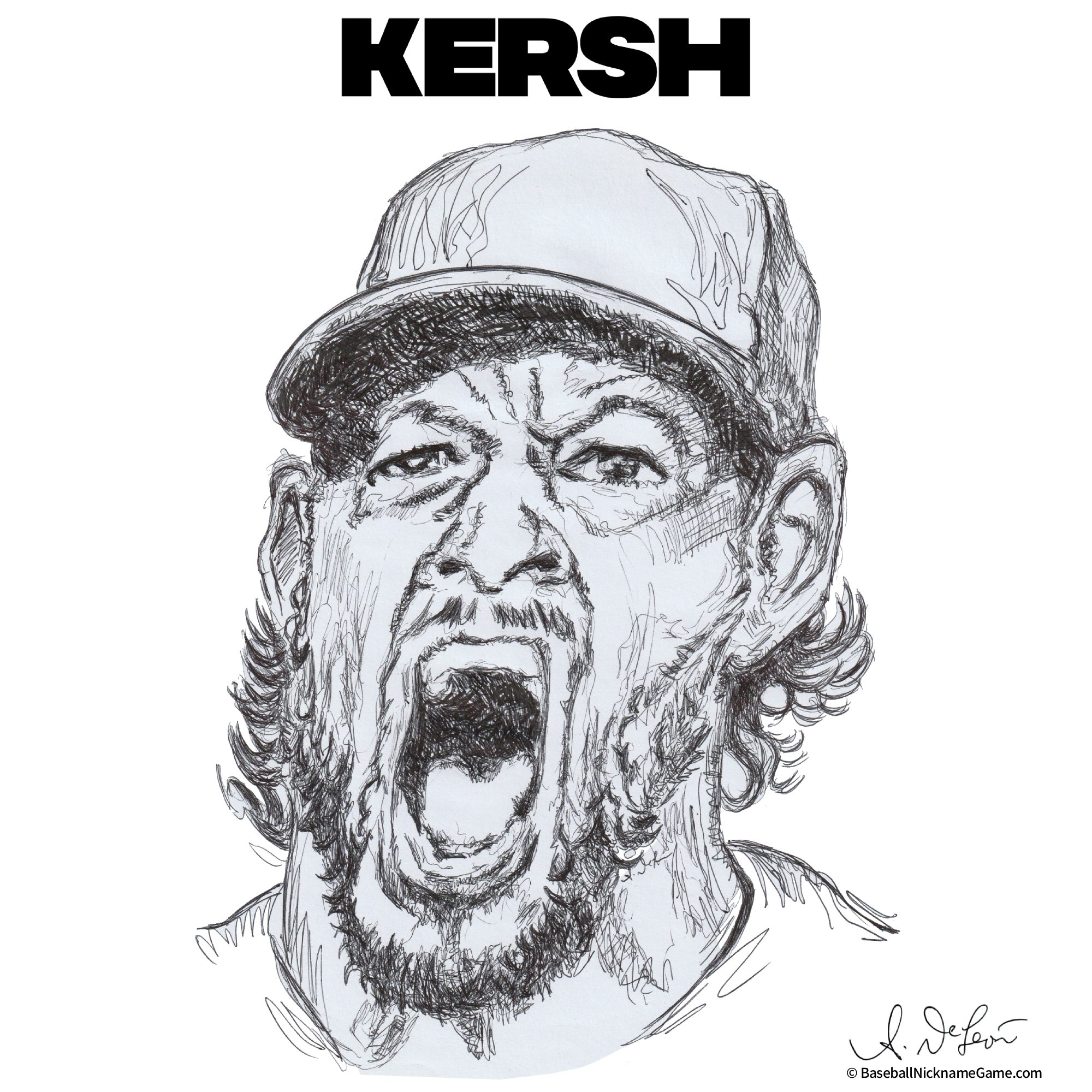 Ball point pen scribble art portrait of Clayton Kershaw, MLB baseball player, drawn by hand