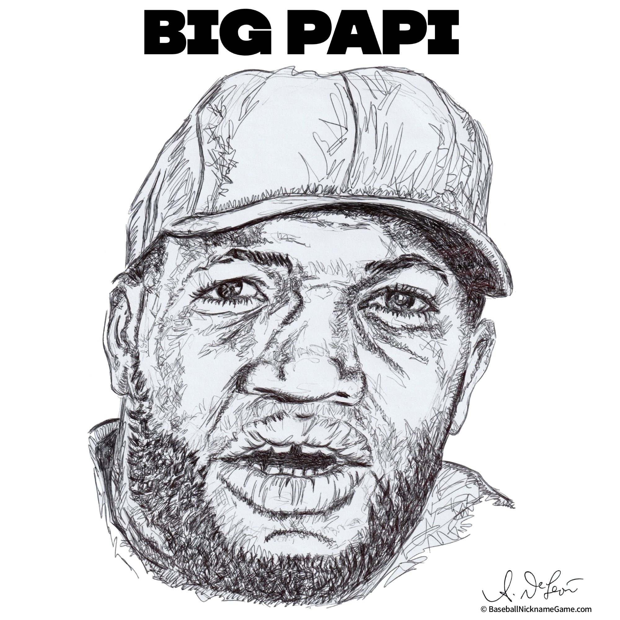 Ball point pen scribble art portrait of David Ortiz, MLB baseball player, drawn by hand