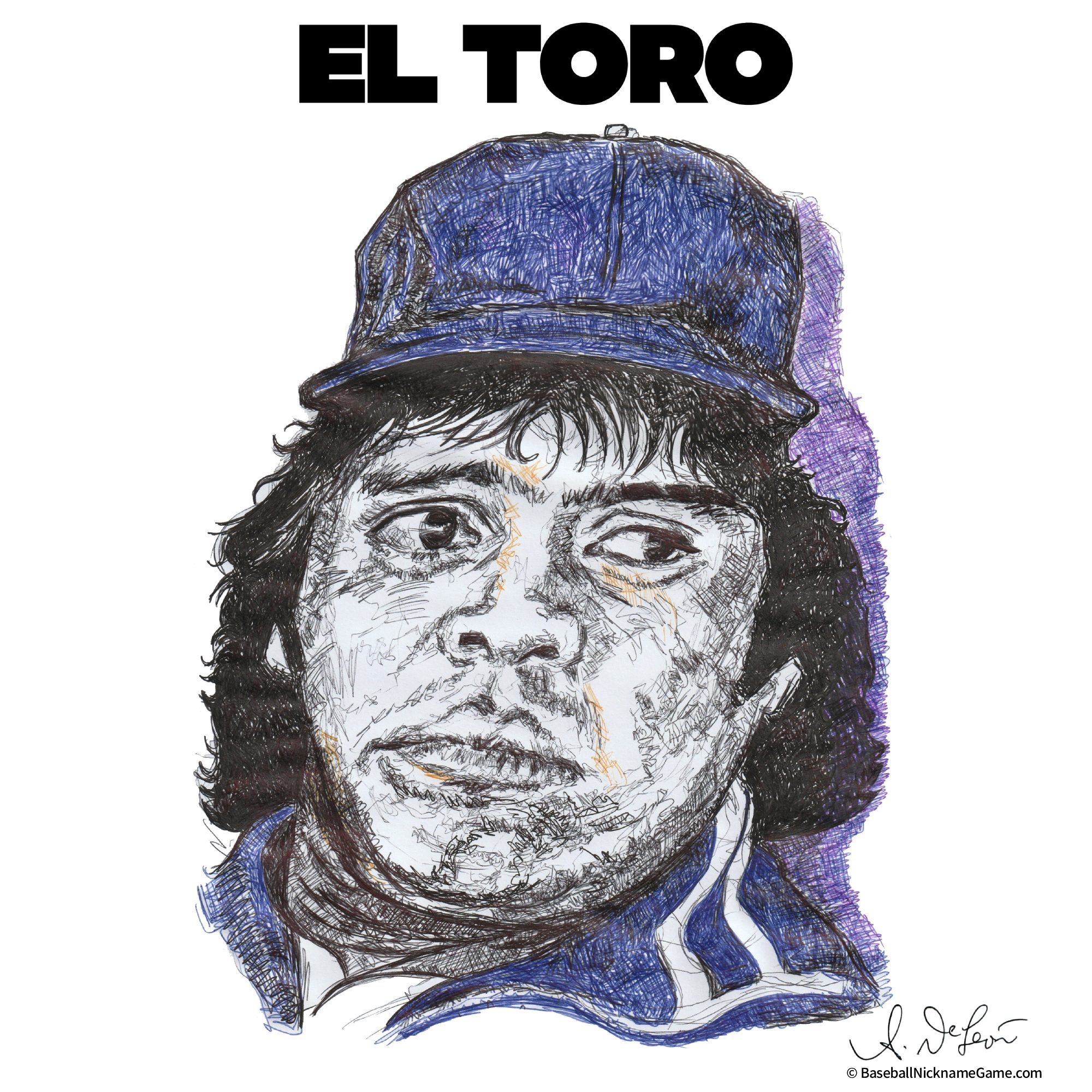 Ball point pen scribble art portrait of Fernando Valenzuela, MLB baseball player, drawn by hand