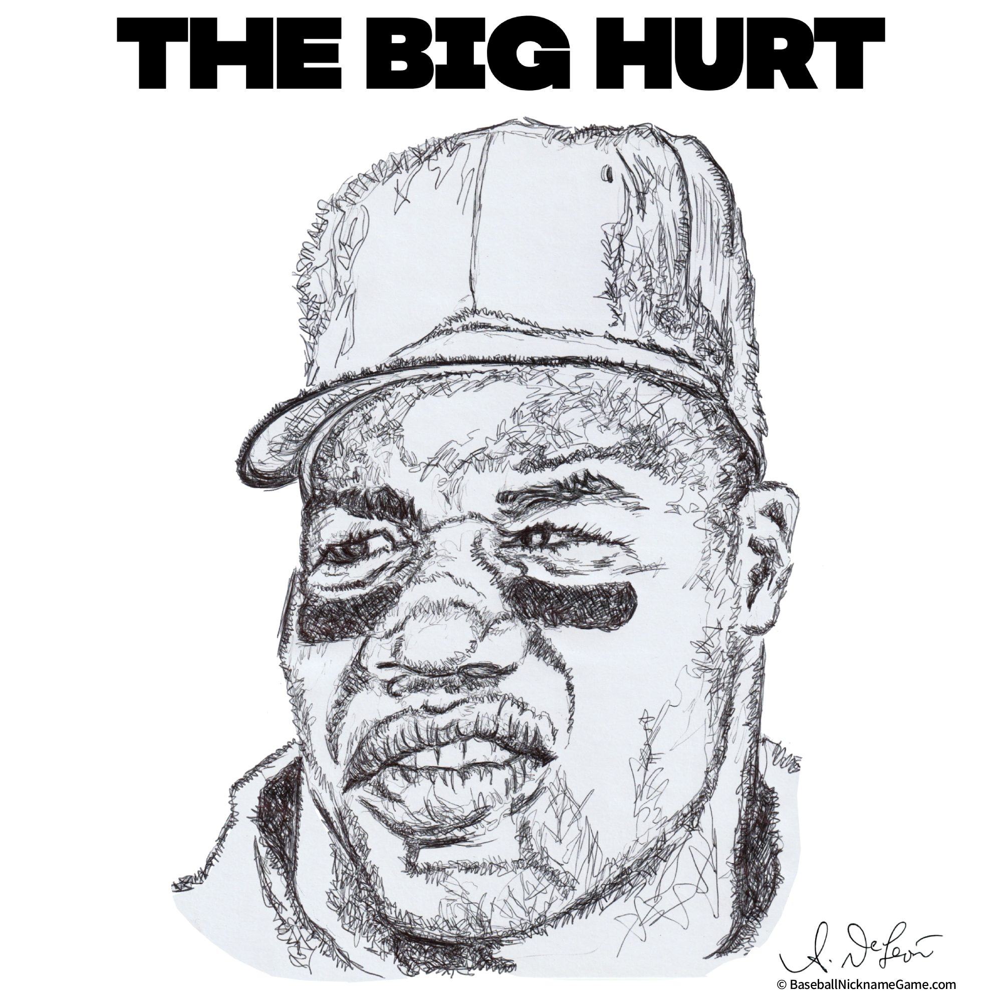 Ball point pen scribble art portrait of Frank Thomas, MLB baseball player, drawn by hand