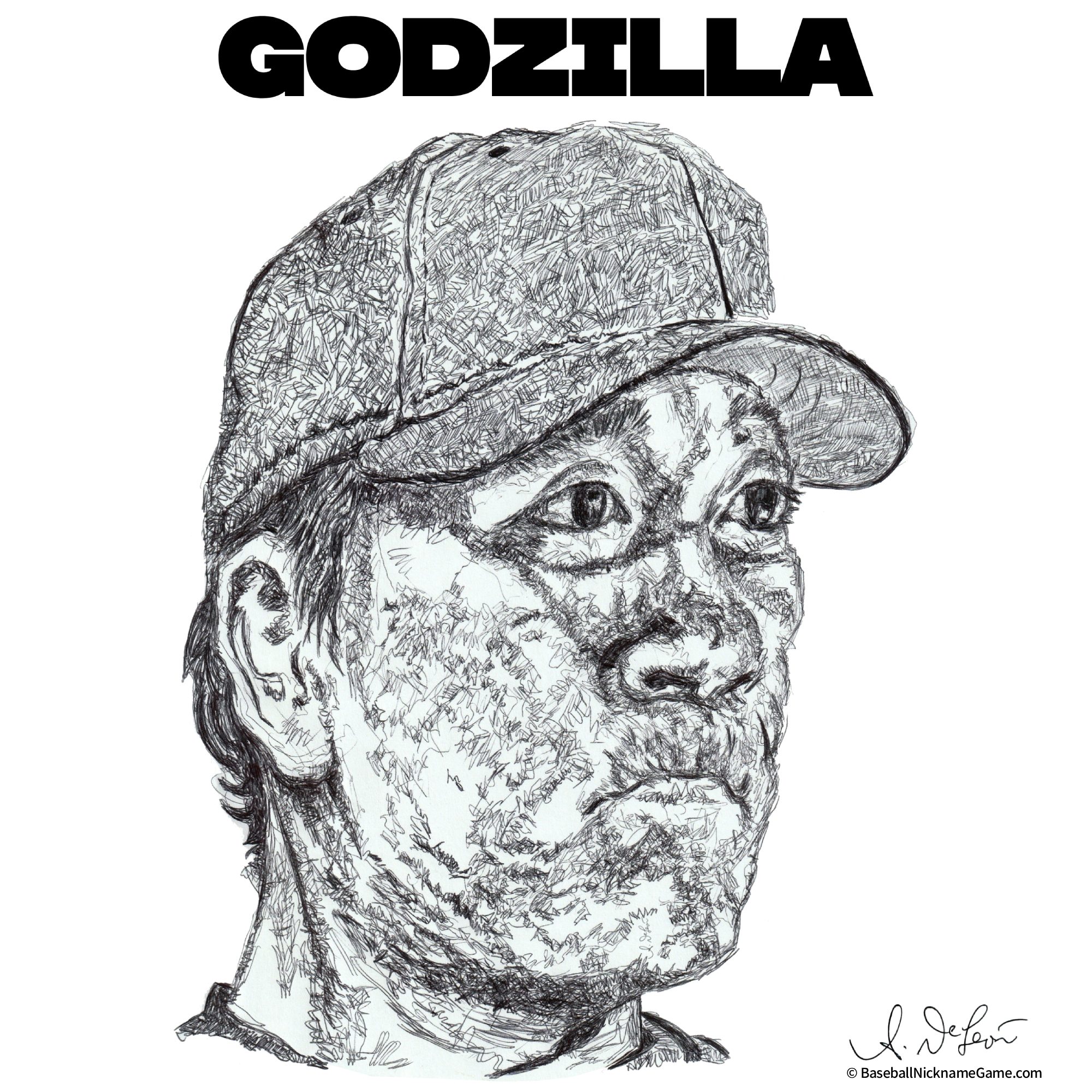 Hand-drawn ballpoint pen portrait of Hideki Matsui, known as 'Godzilla'