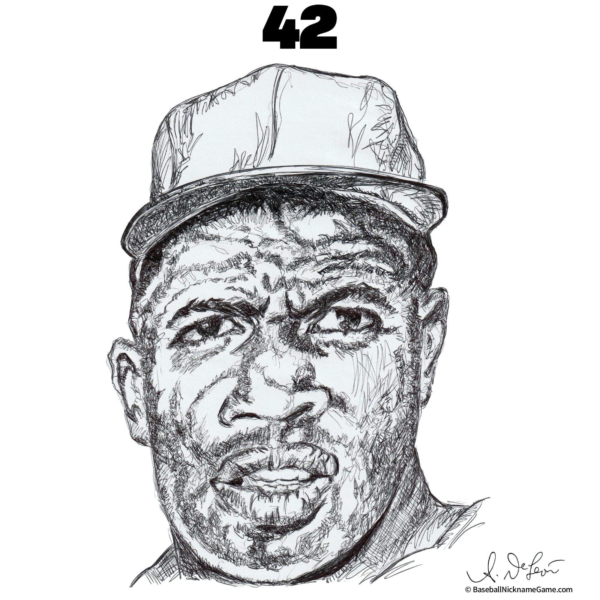 Ball point pen scribble art portrait of Jackie Robinson, MLB baseball player, drawn by hand