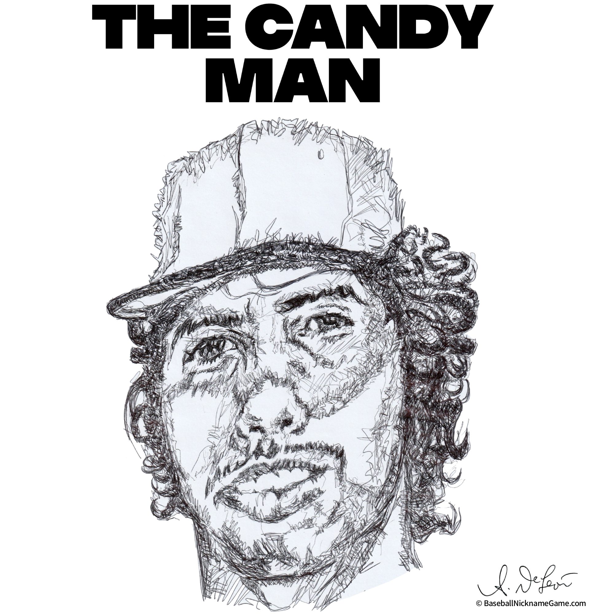 Detailed ballpoint pen drawing of John Candelaria, 'The Candy Man'