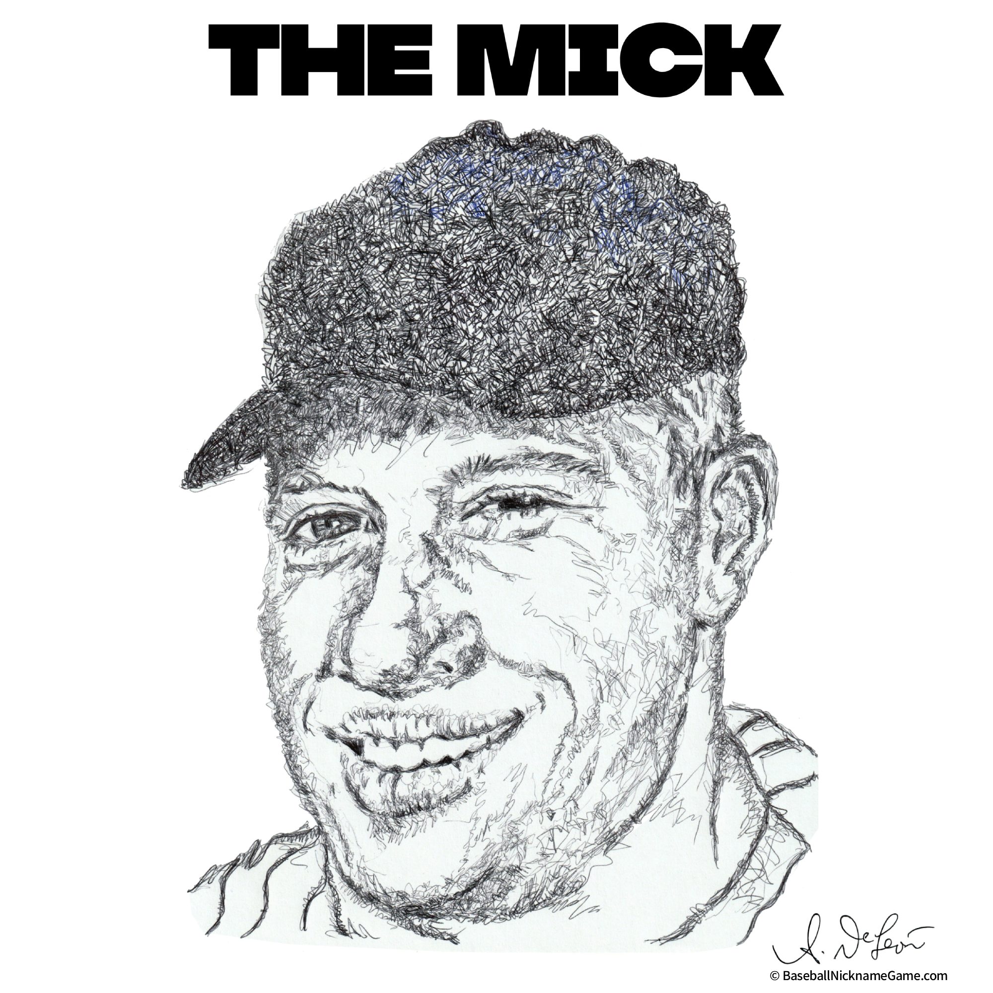 Scribble-style ballpoint pen portrait Mickey Mantle, known as 'The Mick'