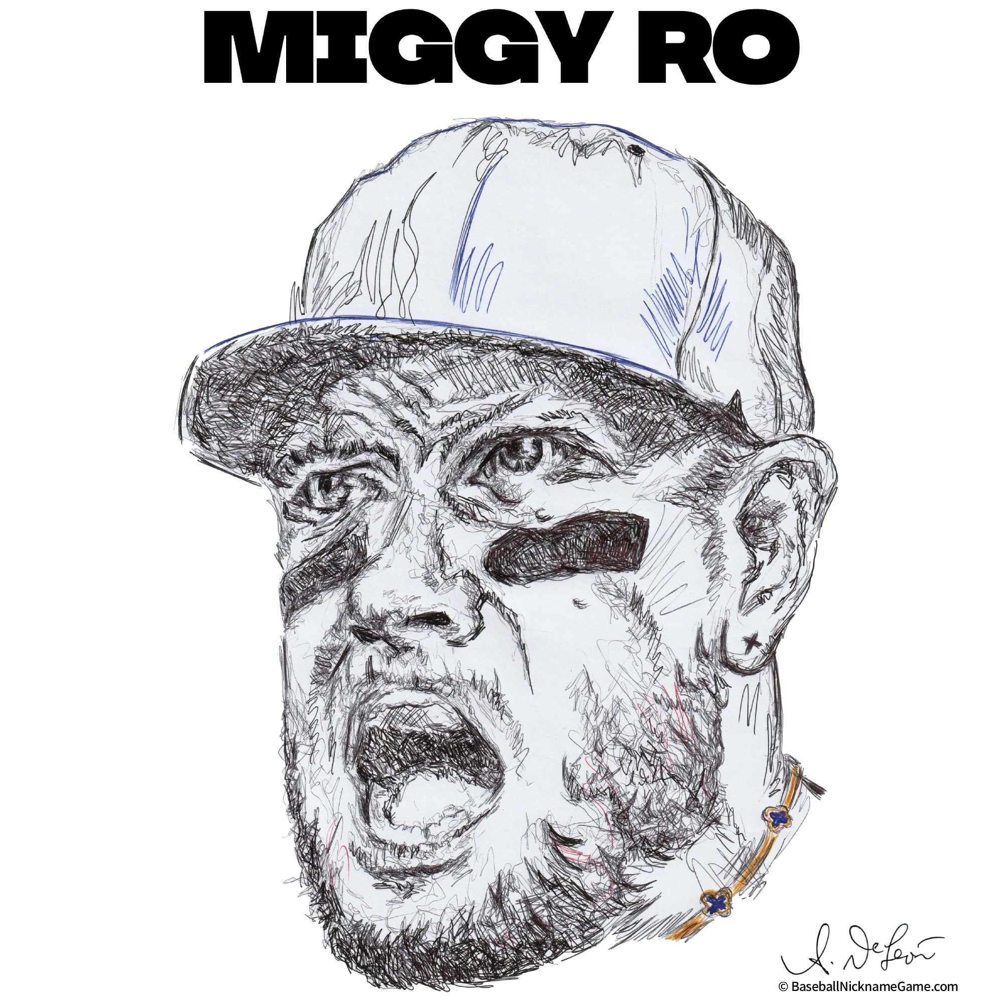 Scribble-style ballpoint pen portrait of Miguel Rojas, known as 'Miggy Ro'