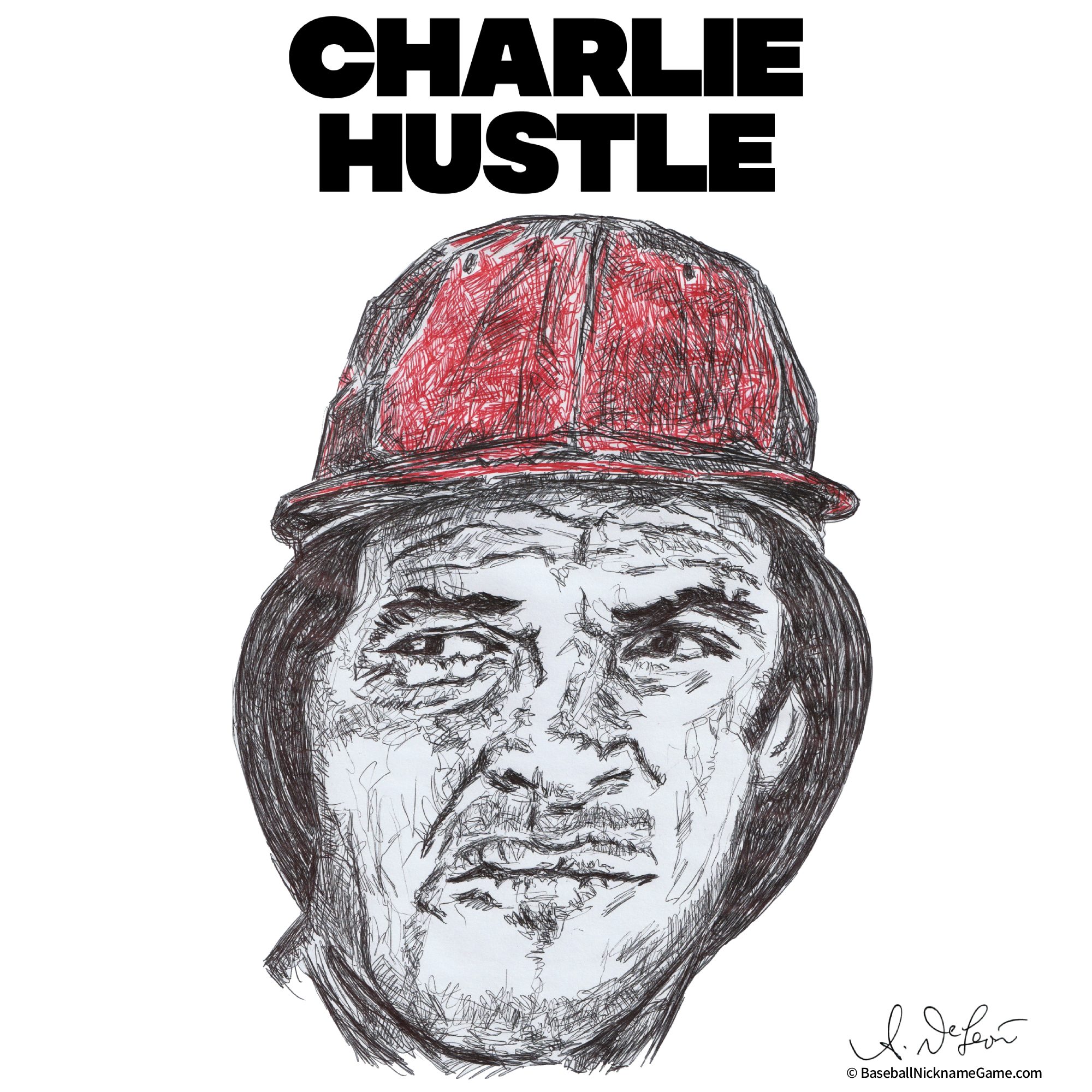 Scribble-style ballpoint pen portrait of Pete Rose, known as 'Charlie Hustle'
