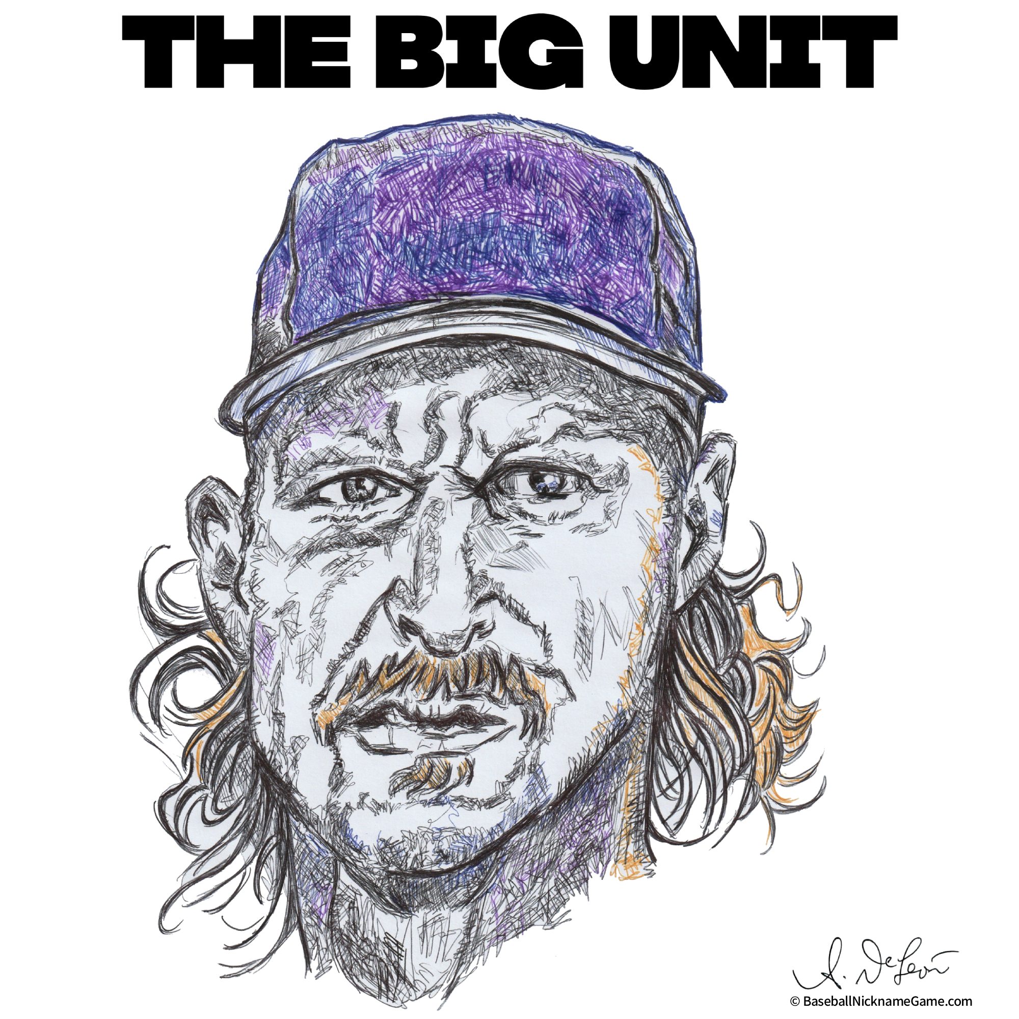 Detailed ballpoint pen drawing of Randy Johnson, 'The Big Unit'