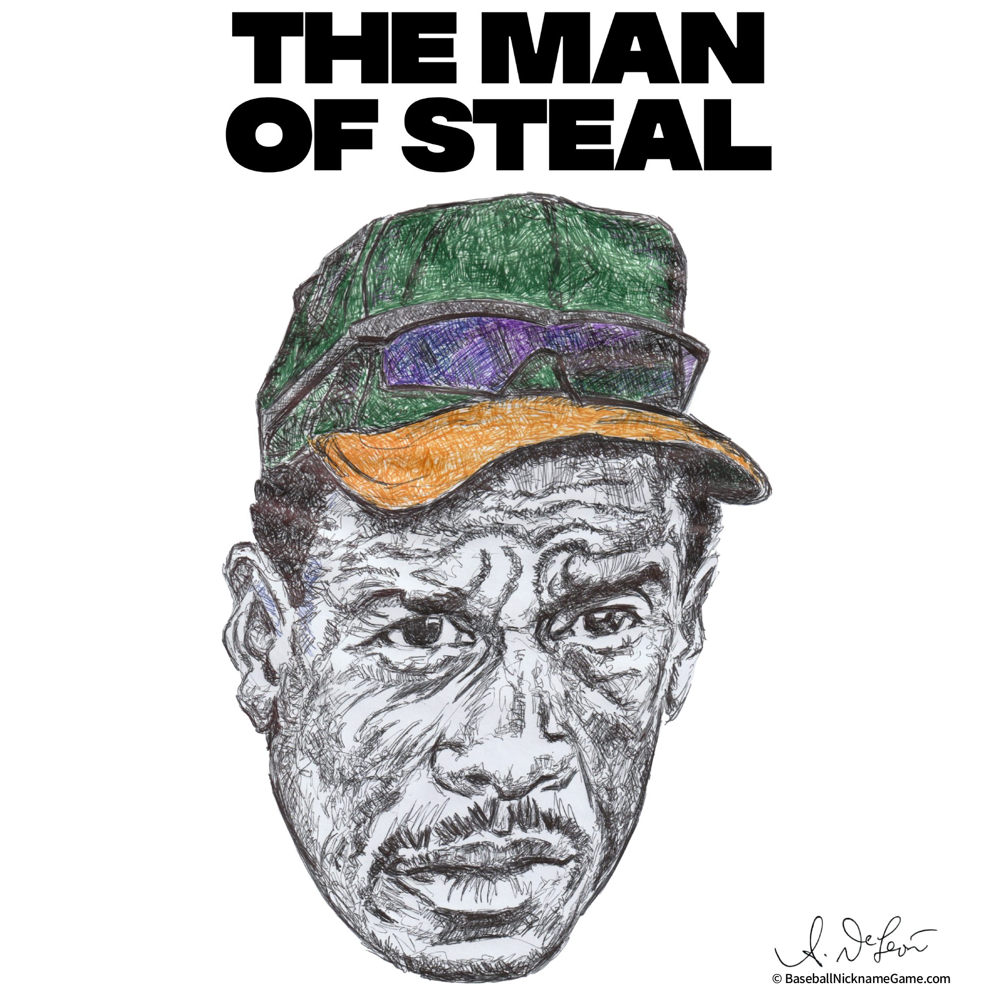 Hand-drawn scribble art portrait of Rickey Henderson, 'Man of Steal'