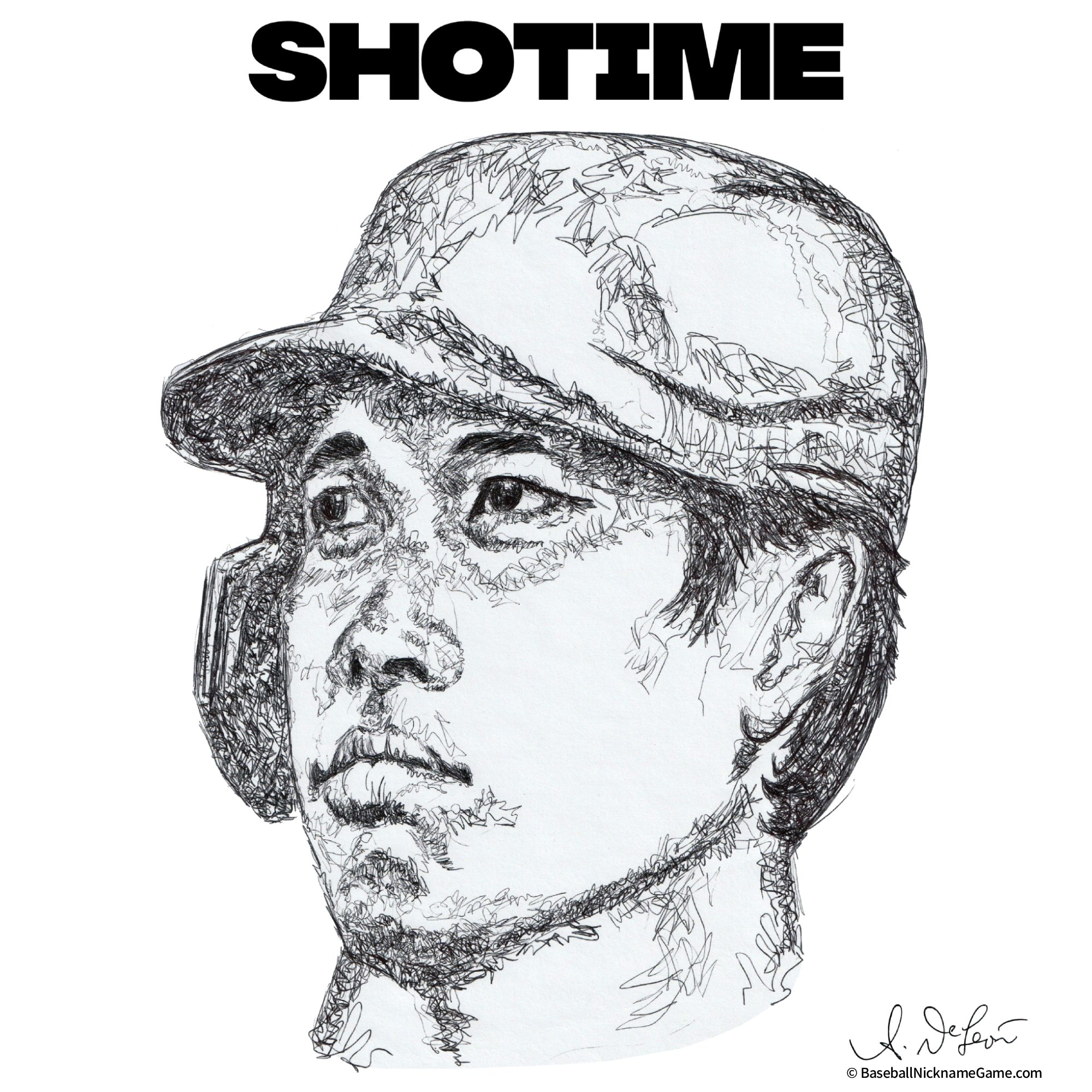 Hand-drawn scribble art portrait of Shohei Ohtani, 'Showtime'